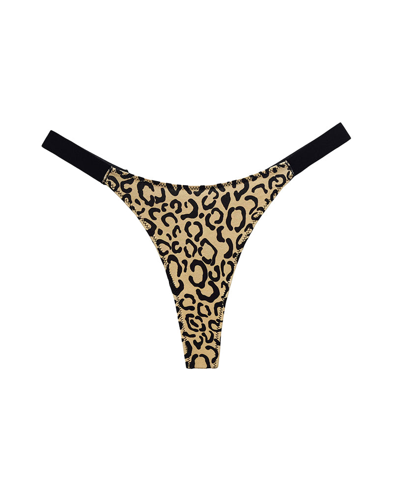 High-Cut Cotton Thong with Animal Print Straps