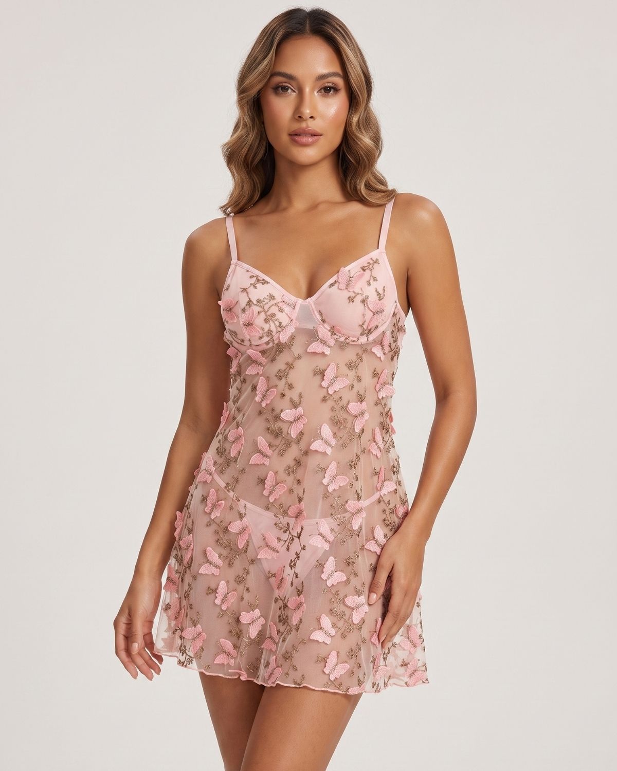 Butterfly Embroidered Mesh Lingerie Dress Set