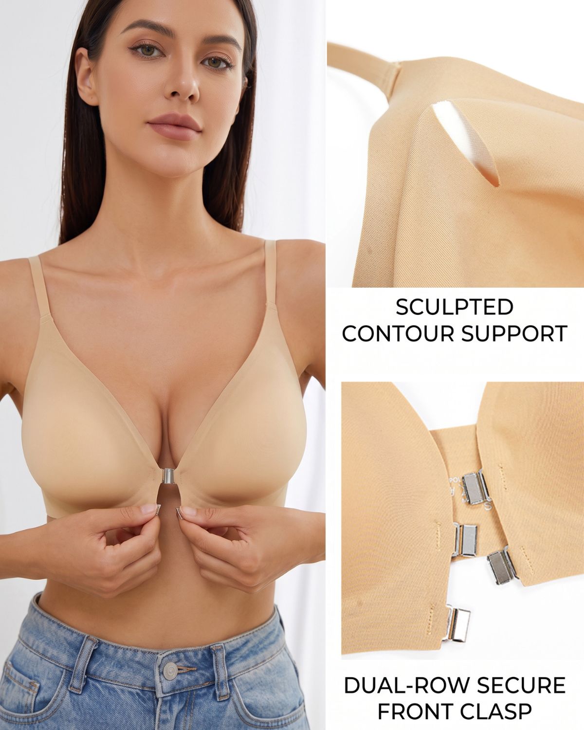Reggiseno senza ferretto, senza cuciture, con chiusura anteriore e spalline incrociate sulla schiena