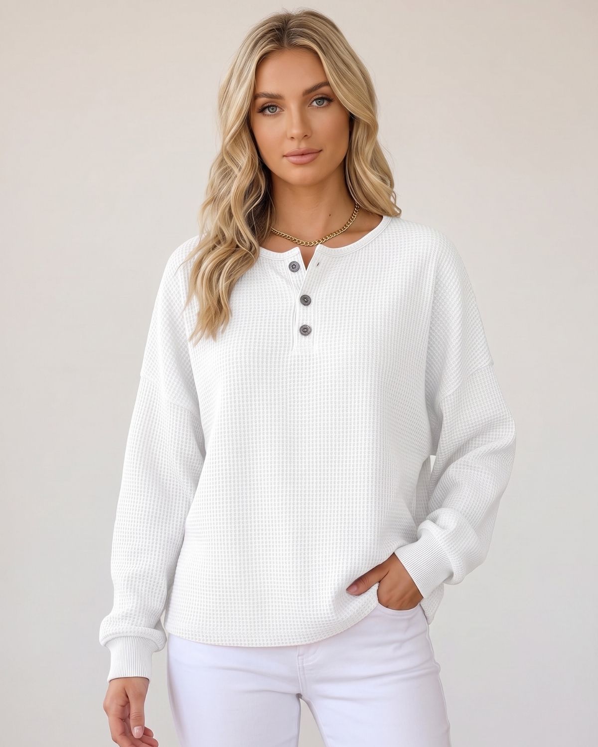 Waffle Knit Button-Front Pullover Top