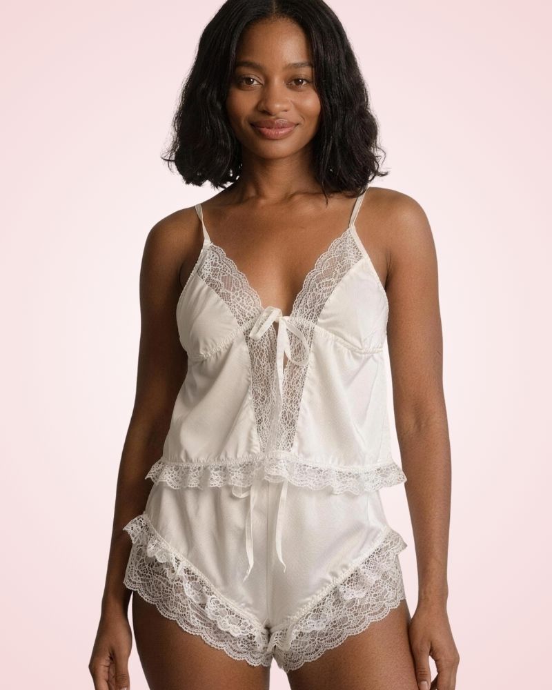 Delicate Lace Tie-Front Cami & Shorts Pajama Set