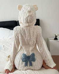 Bow-Embroidered Plush Romper Onesie