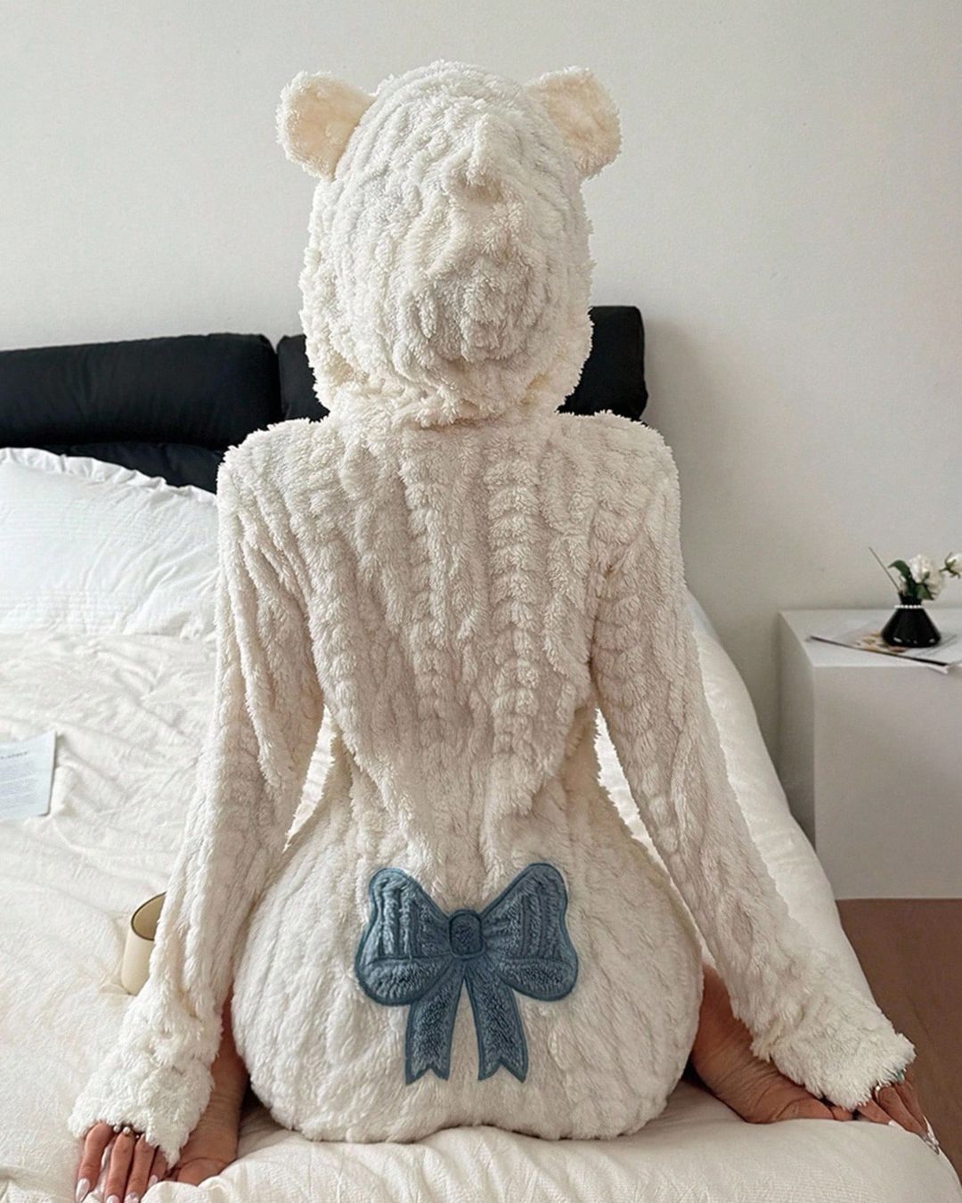 Bow-Embroidered Plush Romper Onesie