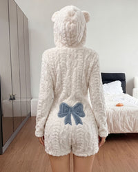 Bow-Embroidered Plush Romper Onesie