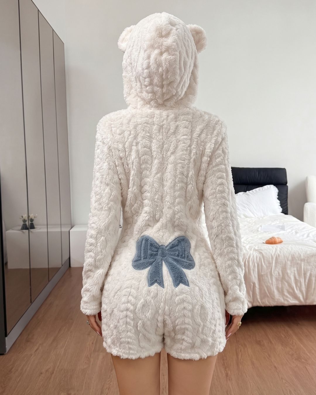 Bow-Embroidered Plush Romper Onesie