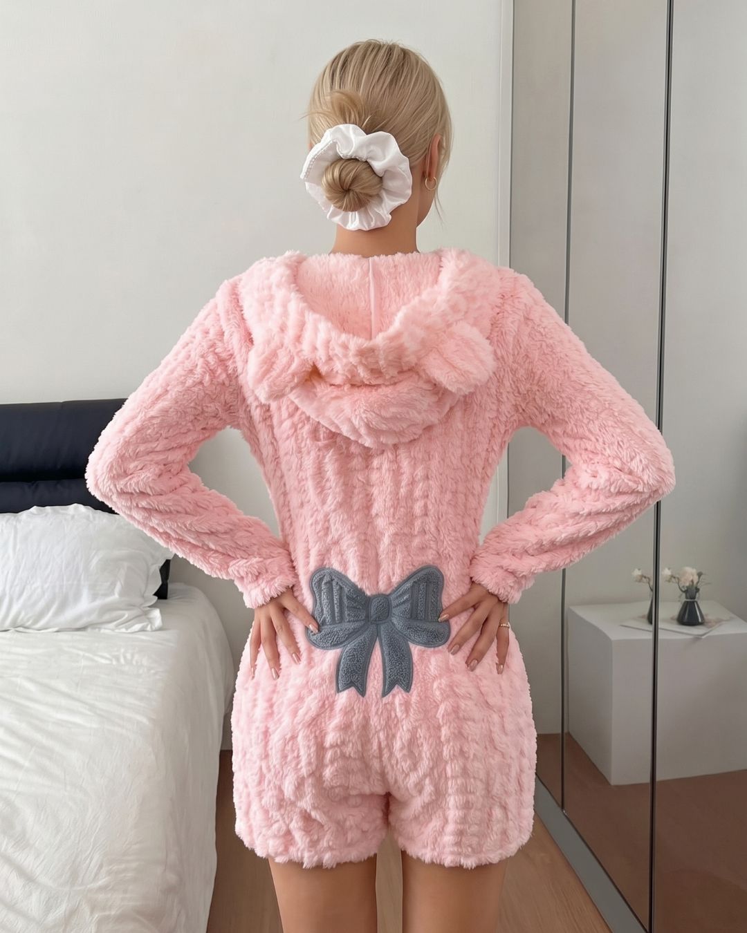 Bow-Embroidered Plush Romper Onesie