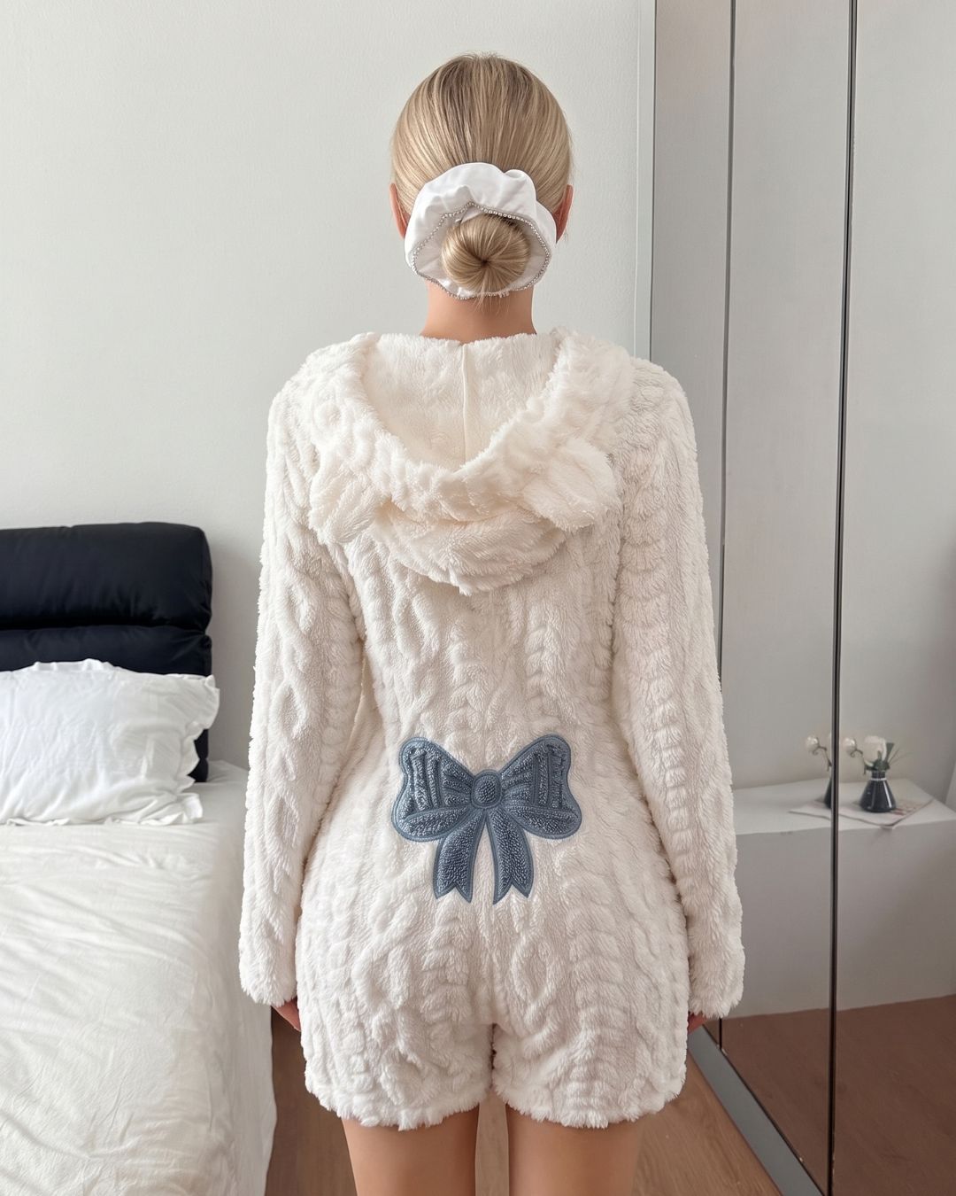 Bow-Embroidered Plush Romper Onesie
