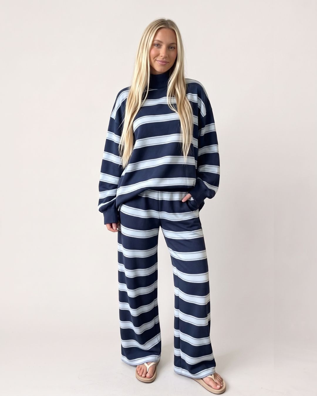 Striped Mock-Neck Wide-Leg Lounge Set