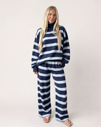 Striped Mock-Neck Wide-Leg Lounge Set