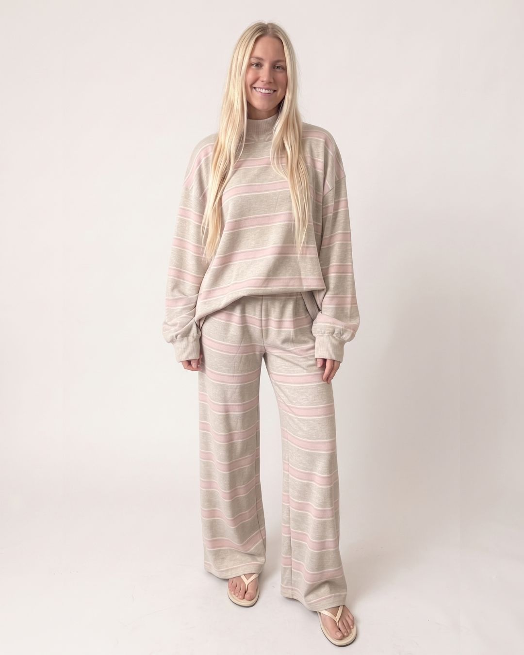 Striped Mock-Neck Wide-Leg Lounge Set