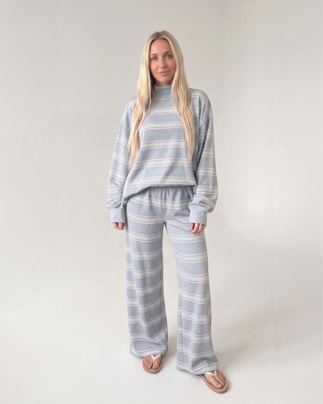 Striped Mock-Neck Wide-Leg Lounge Set