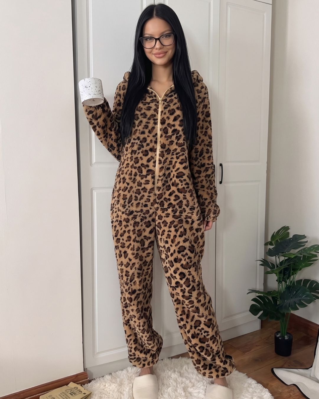 Leopard-Print Plush Romper Onesie