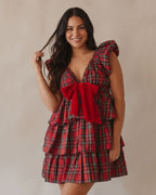 Red Plaid Bow-Front Ruffle Mini Dress