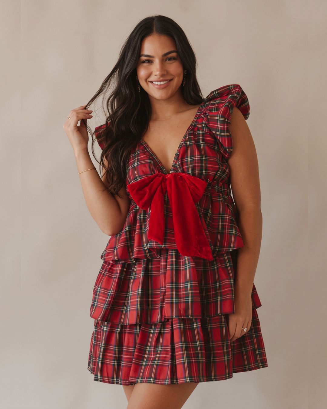 Red Plaid Bow-Front Ruffle Mini Dress
