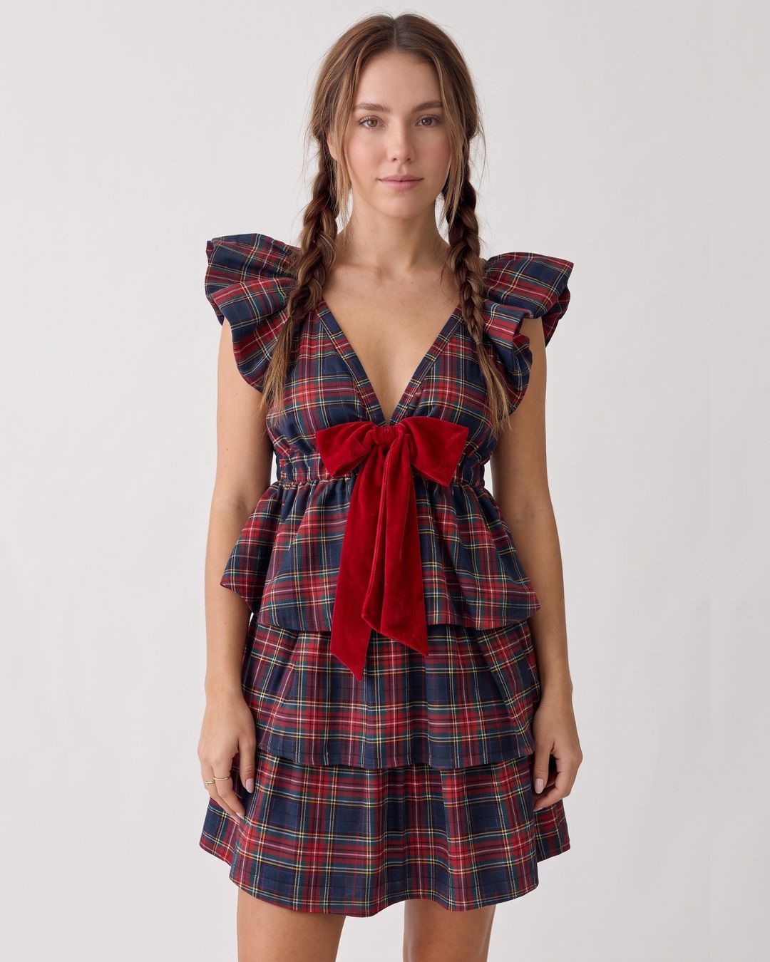 Red Plaid Bow-Front Ruffle Mini Dress