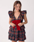 Red Plaid Bow-Front Ruffle Mini Dress