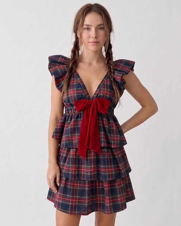 Red Plaid Bow-Front Ruffle Mini Dress