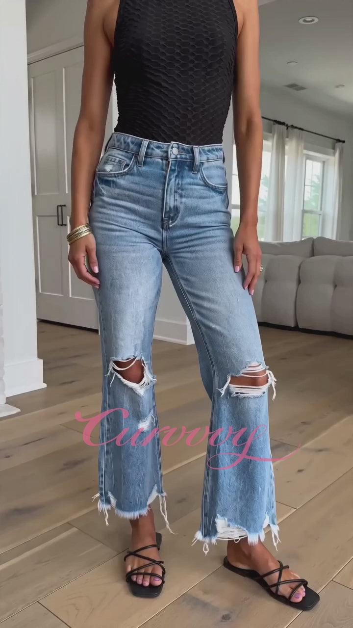 Distressed Mid-Rise Flared Jeans