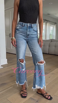Distressed Mid-Rise Flared Jeans