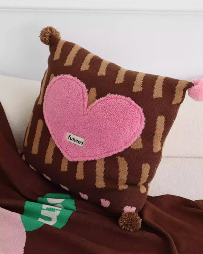 Fluffy 3D Heart Pillow - Plush Decorative Cushion with Pom-Pom Details