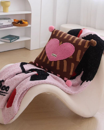 Fluffy 3D Heart Pillow - Plush Decorative Cushion with Pom-Pom Details