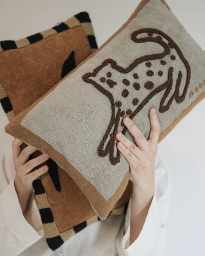 Nighttime Zoo Cat Embroidered Pillow - Decorative Cushion for Living Room