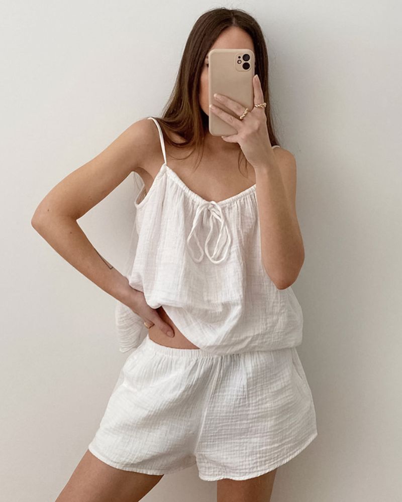 Lightweight Crinkle Cotton Cami & Shorts Loungewear Set