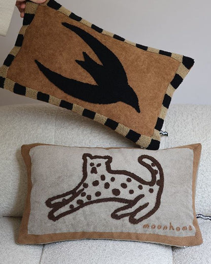 Nighttime Zoo Cat Embroidered Pillow - Decorative Cushion for Living Room