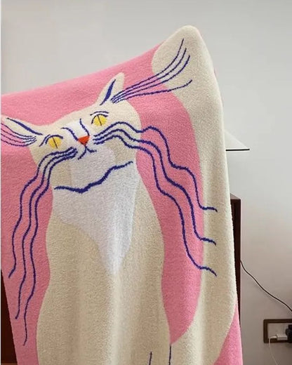 Thick Pink Cat Print Art Fleece Blanket - Cozy Throw for Sofa & Bed