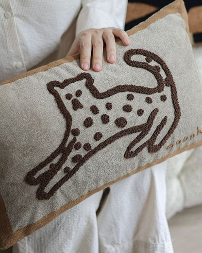Nighttime Zoo Cat Embroidered Pillow - Decorative Cushion for Living Room