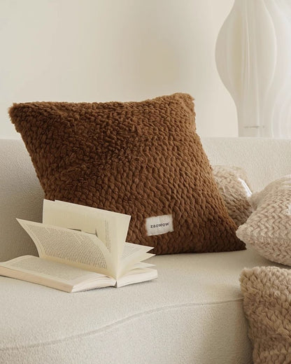 Brown Faux Rabbit Fur Pillow - Soft Plush Cushion for Sofa & Fall Decor