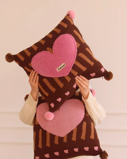 Fluffy 3D Heart Pillow - Plush Decorative Cushion with Pom-Pom Details