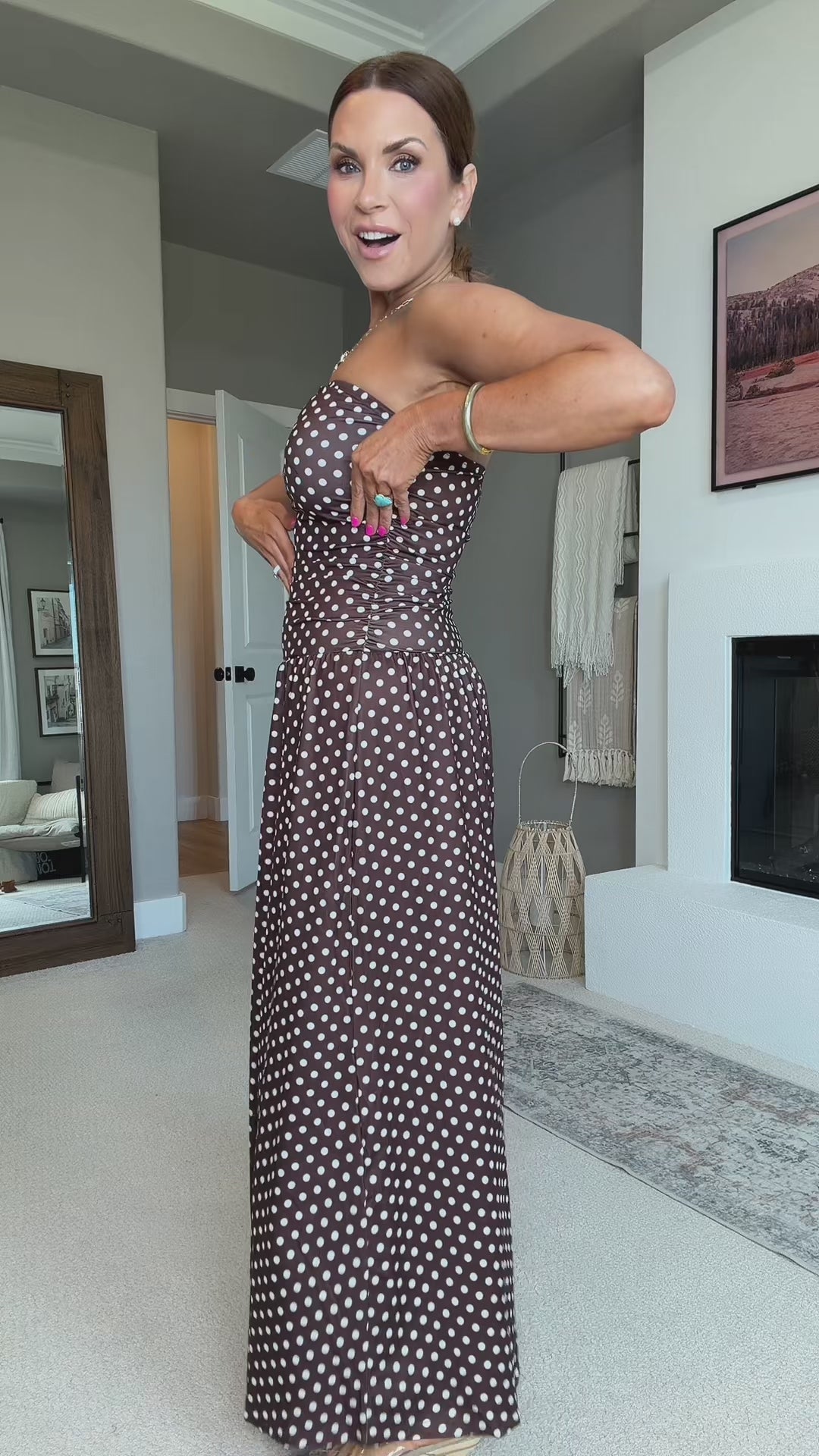 Vintage Polka Dot Strapless Ruffle Maxi Dress