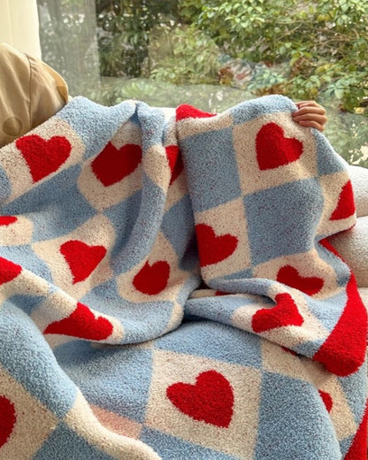 Color Block Heart Plush Blanket - Cute Designer Half-Side Fleece Throw