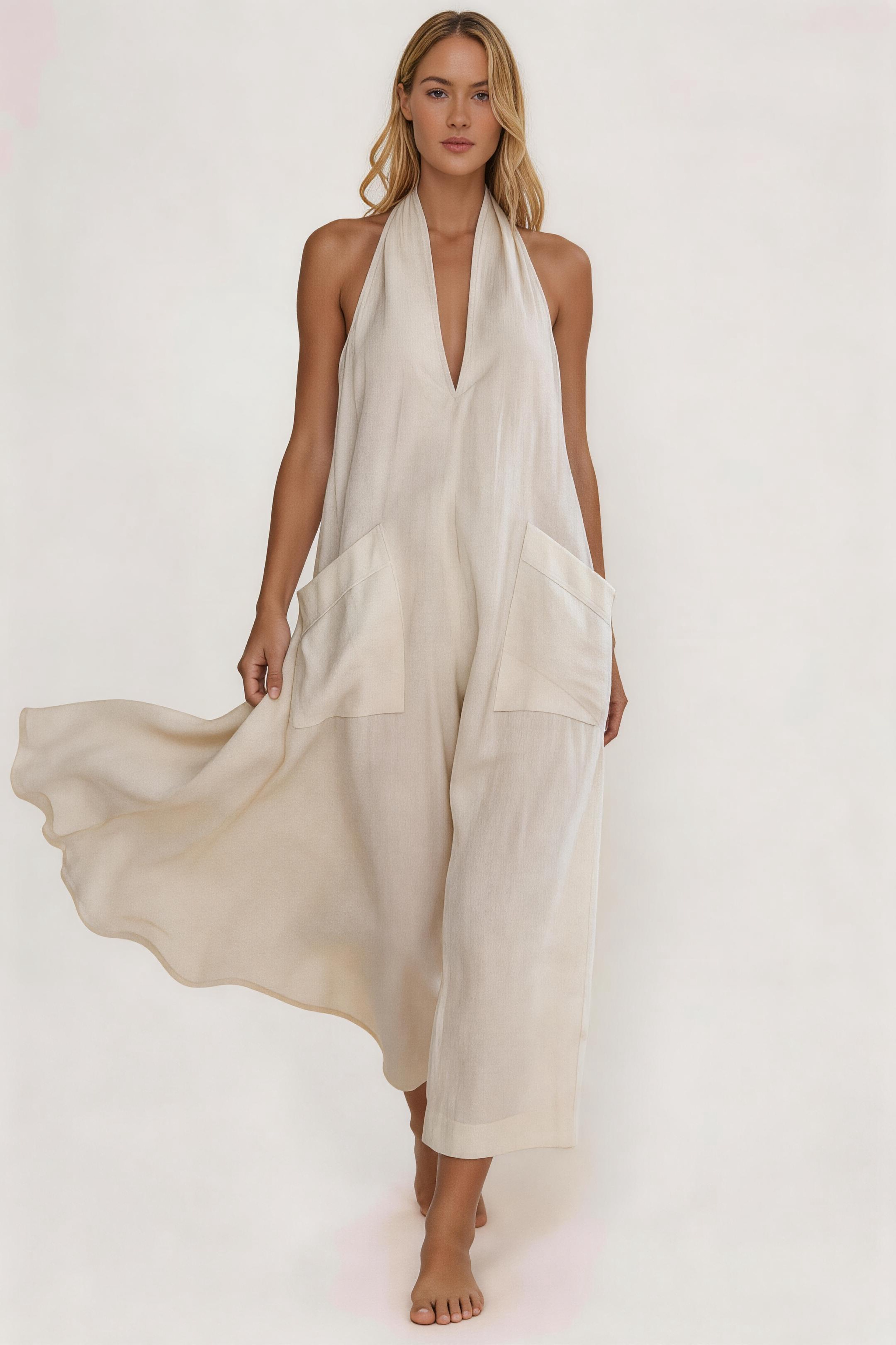 Vintage Vacation V-Neck Halter Linen Midi Dress with Pockets